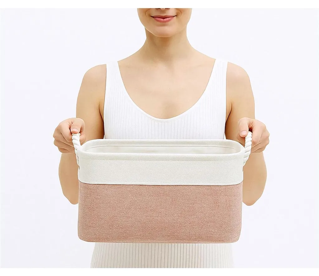 Panier de rangement souple en tissu rose avec poignées corde 31x21x16cm