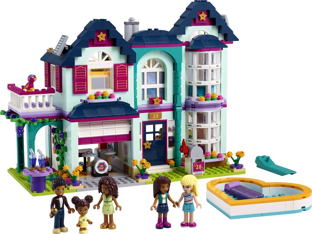 A LEGO Friends Andreas Haus set with mini-doll figures and a swimming pool.