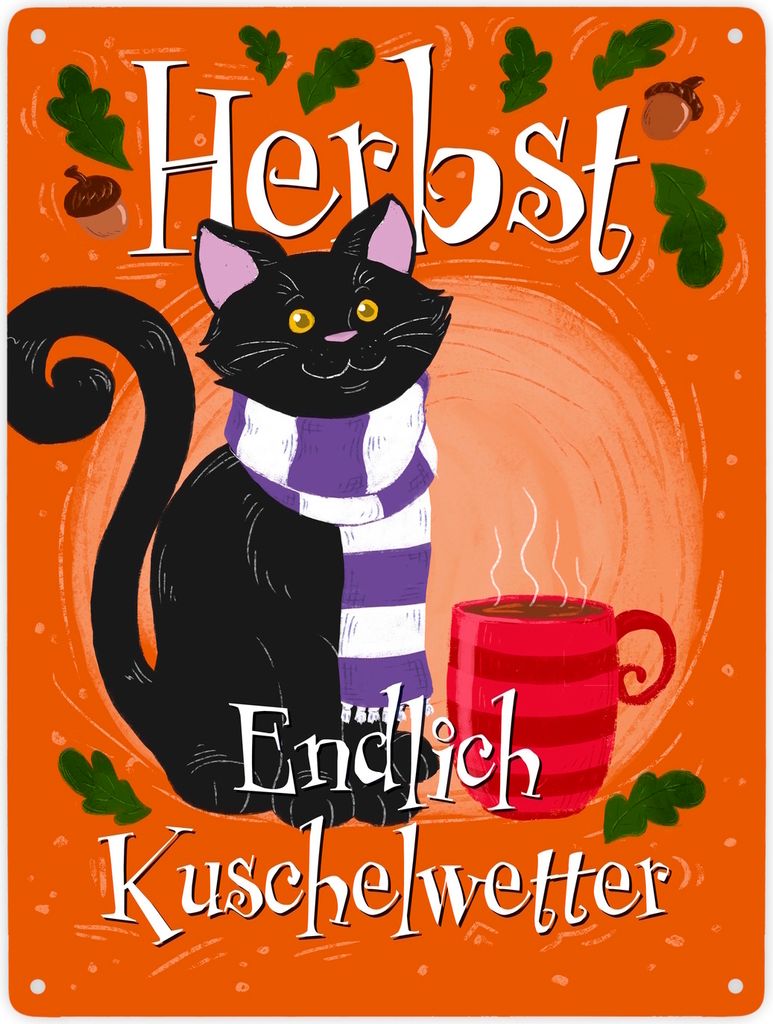 Herbst - Endlich Kuschelwetter Metallschild XXL in 28x38 cm mit schwarzer Katze