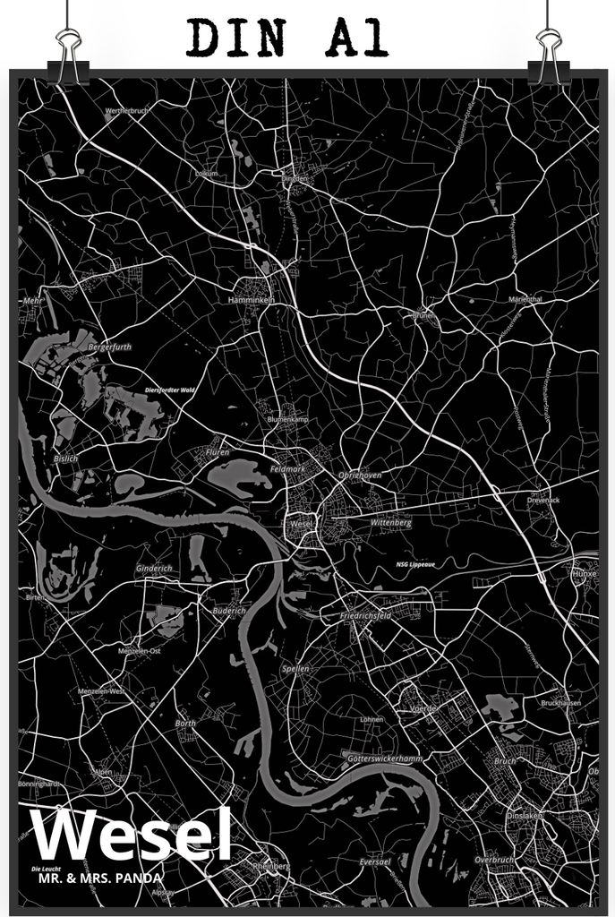 Mr. & Mrs. Panda Bild Wesel DIN A1 - Geschenk, drucke, Stadt, Dorf Karte Landkarte Map Stadtplan, Plakat, wanddeko, Wandbild, Deko