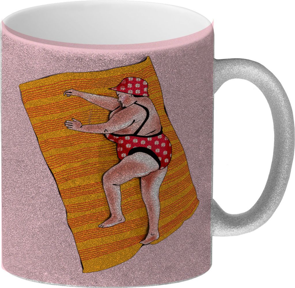 Glitzer-Kaffeebecher mit lustigem Spruch zum Thema Modelfigur und Comic-Dame im