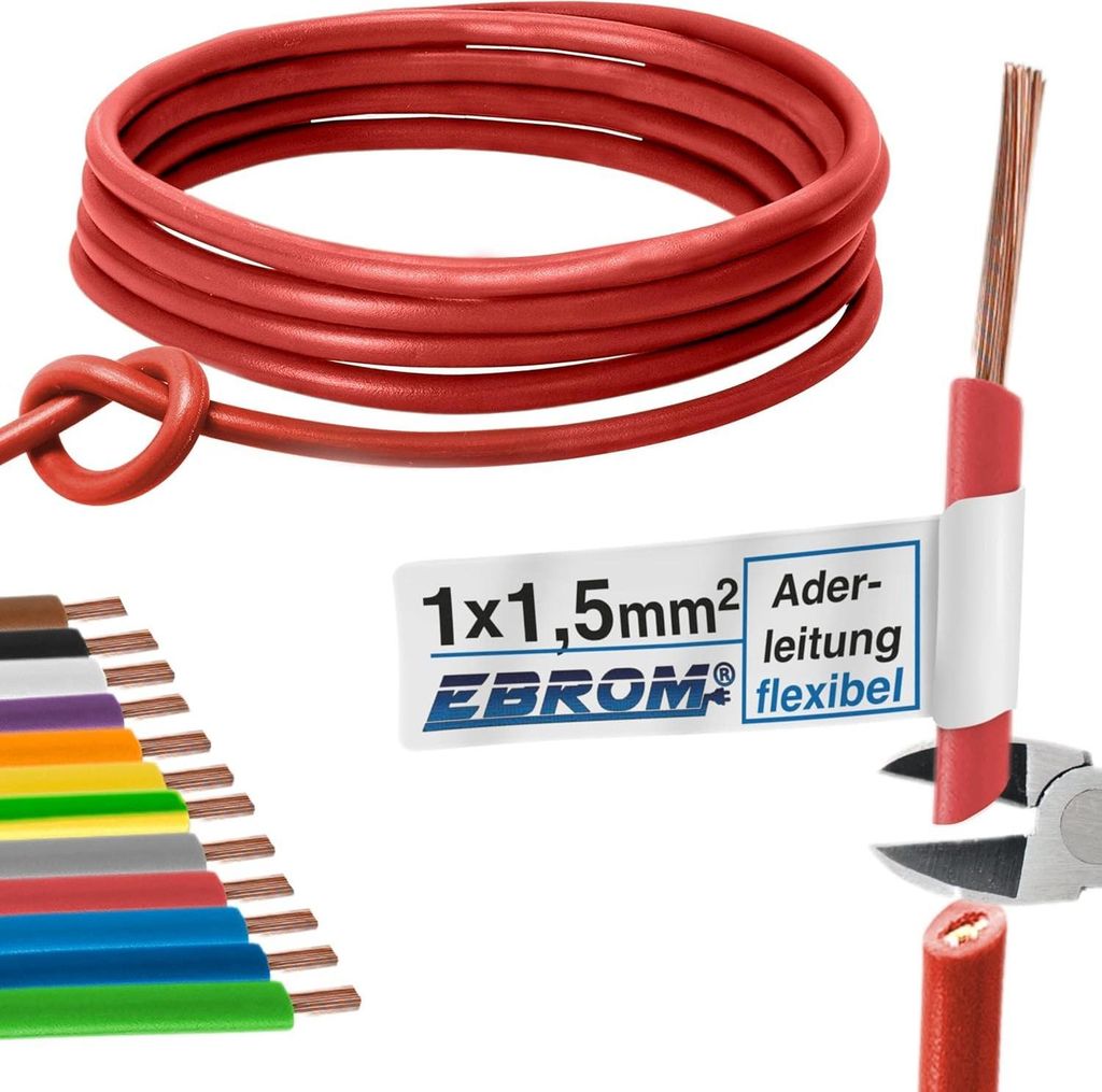 10 Meter Aderleitung - Einzelader flexibel - PVC Leitung - H07V-K 1,5 mm² - Farbe: rot 10 m