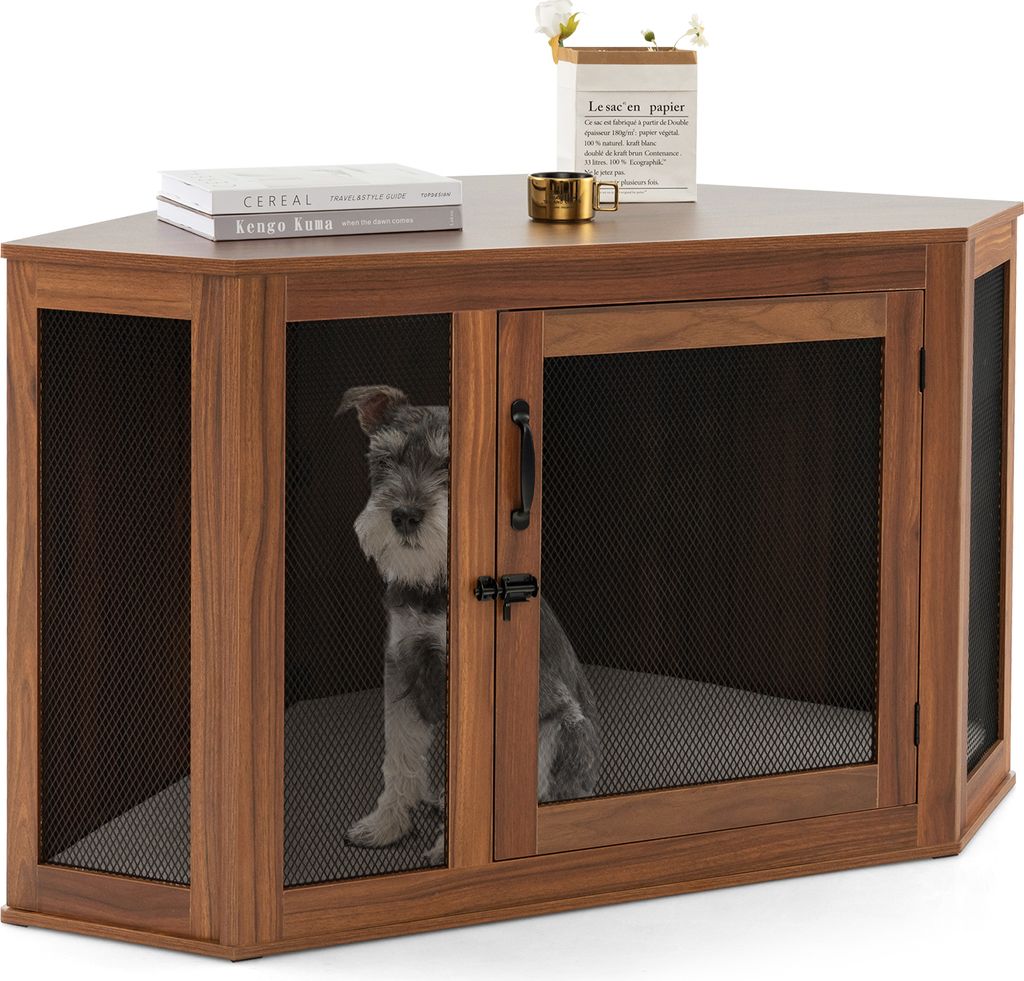 COSTWAY Eck-Hundekäfig, Hundehütte mit Tür & Kissen, Haustierkiste Möbelstil für kleine Hunde Katze Haustier, Tierkäfig für kleine Räume, H...