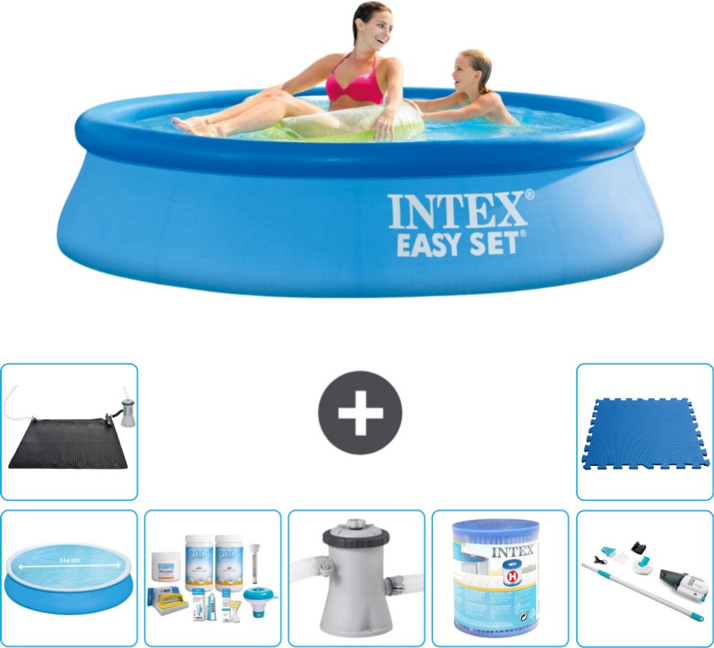Intex runder aufblasbarer Easy Set-Pool – 244 x 61 cm – Blau – im Lieferumfang enthalten Sonnensegel - Wartungspaket - Filterpumpe für Schwi...
