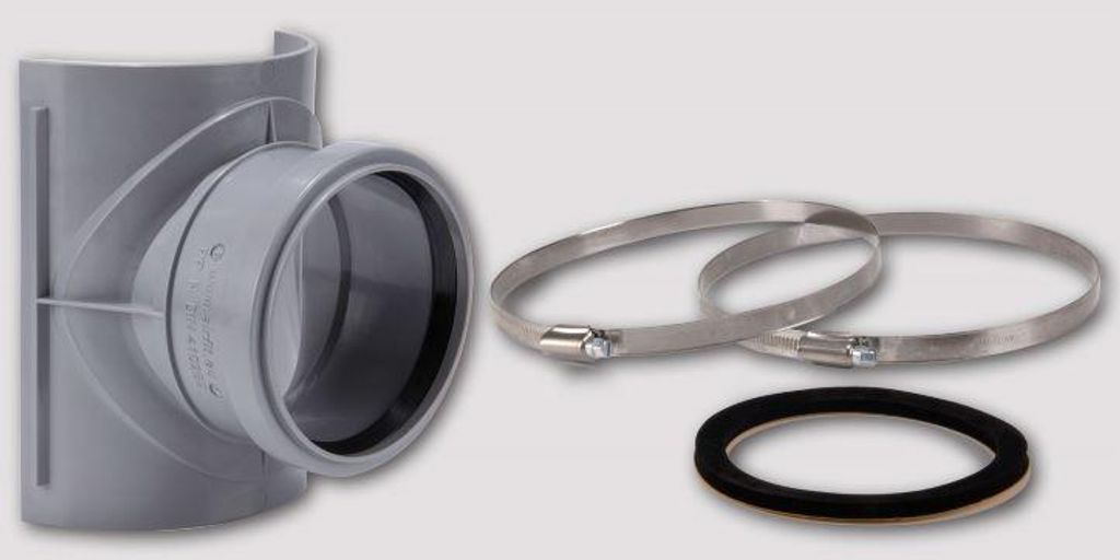 A plumbing fitting and two metal clamps are arranged on a light gray background.