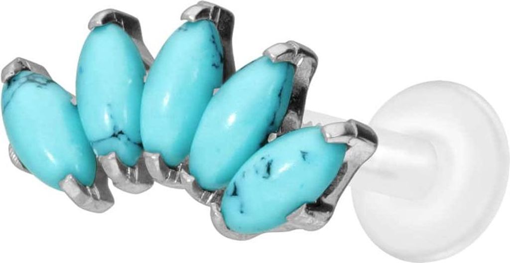 Ohrpiercing, Nasenpiercing PTFE Labret mit Innengewinde + Titan-Aufsatz BOGEN + SYNTHETISCHE TÜRKISE Silber Stablänge: 7mm | Stabstärke: 1,6mm