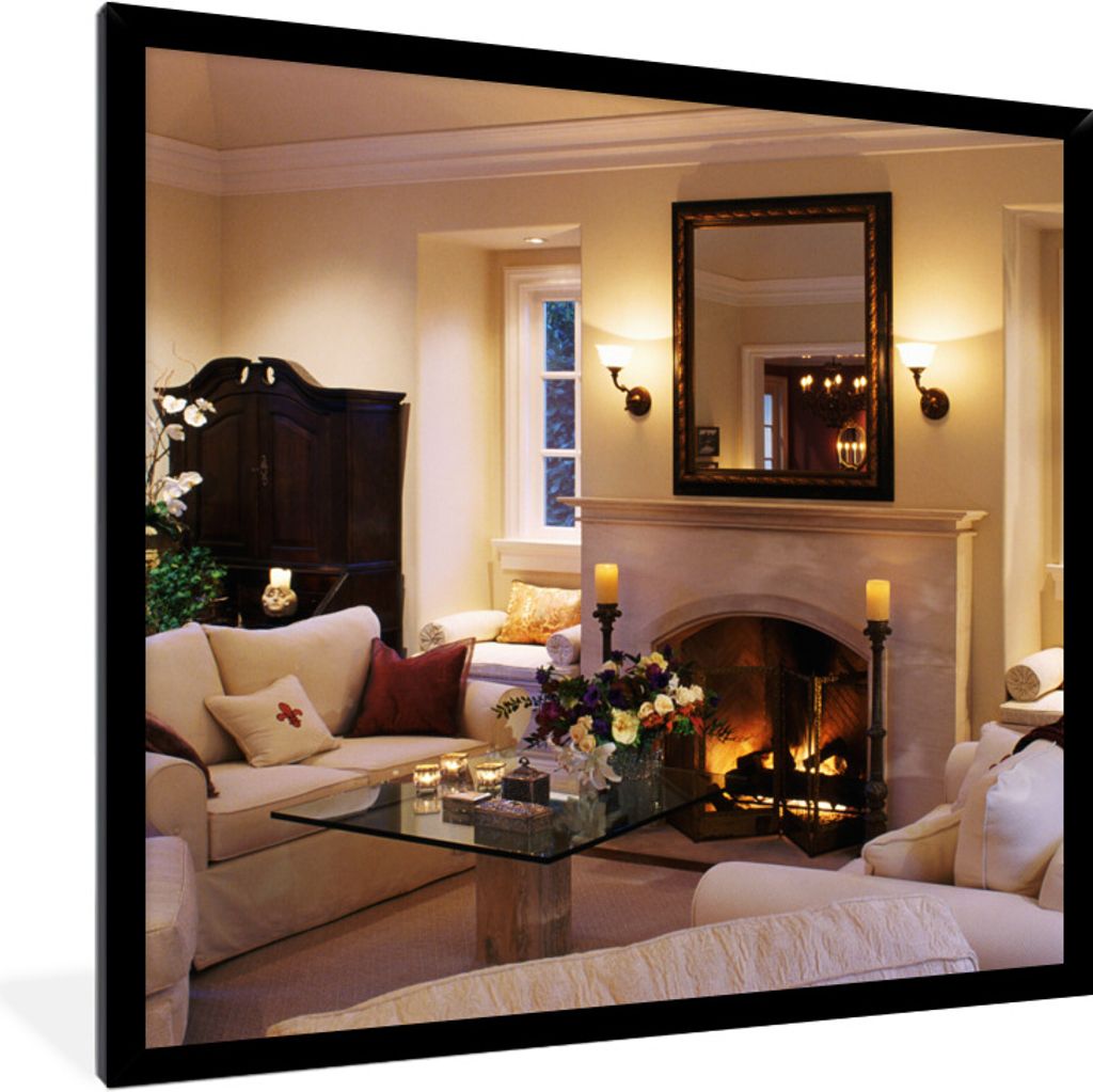 MuchoWow Gerahmtes Poster Ein Kamin in einem n Zimmer 40x40 cm - Poster mit Schwarzem Bilderrahmen Wandposter Rahmen Foto Bilder - Mit Rahmen - W...