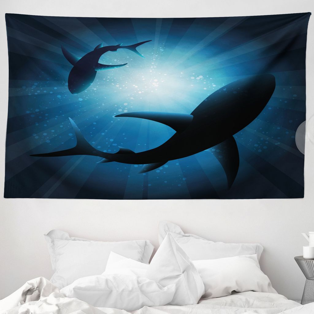 ABAKUHAUS Hai Wandteppich, Fisch Silhouetten Schwimmen aus Weiches Mikrofaser Stoff Waschbar ohne Verblassen Digitaldruck, 230 x 140 cm, Dunkelblau