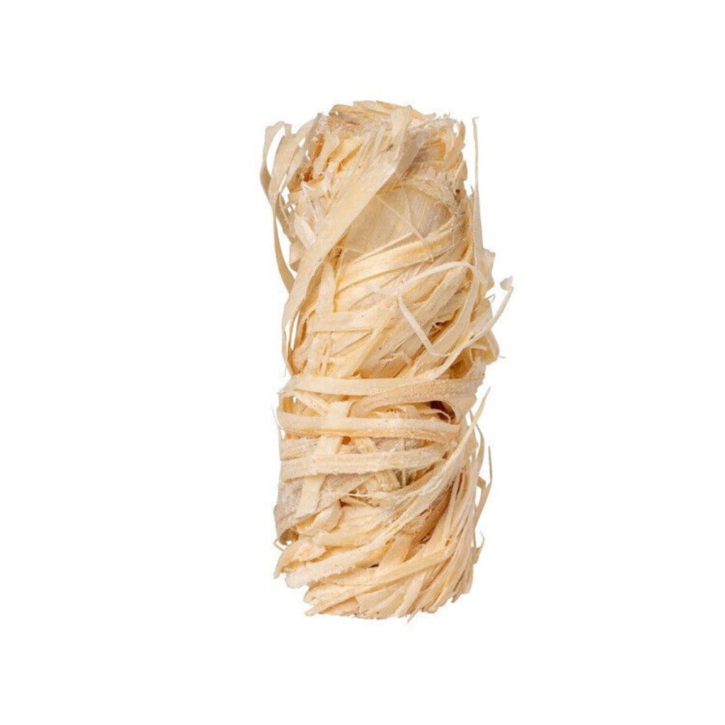 A single fire starter made of wood shavings, tied together with string.
