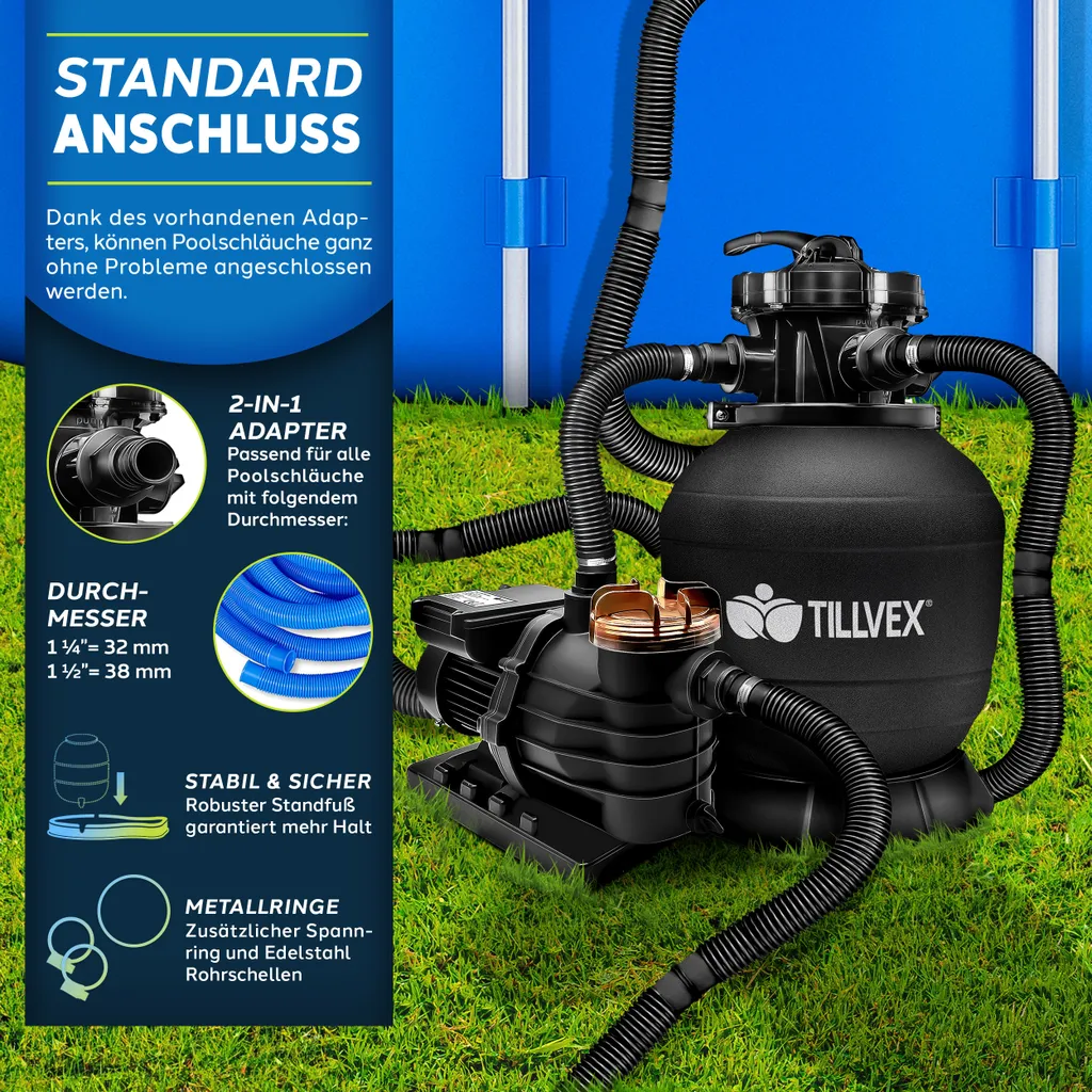 tillvex sistema di filtraggio a sabbia per piscina 10 m³/h incl. 800 g di sfere filtranti nere | sistema di filtraggio valvola a 7 vie & adattatore 2in1 Ø32mm - 38mm | filtro per piscina con indicatore di pressione | filtro a sabbia per piscine - 6