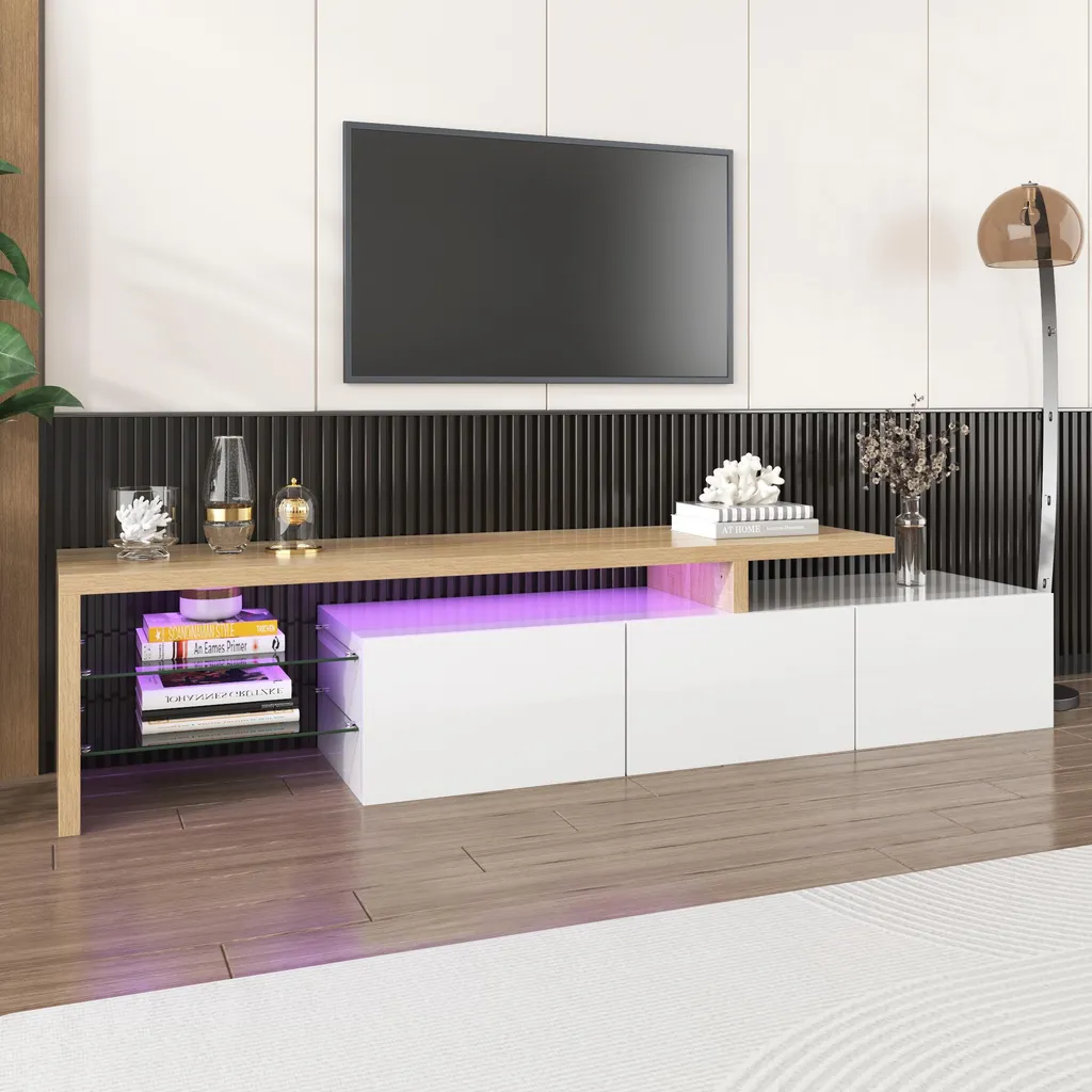 Grand Meuble TV LED avec Étagères en Verre, Blanc et Bois, Longueur 197cm