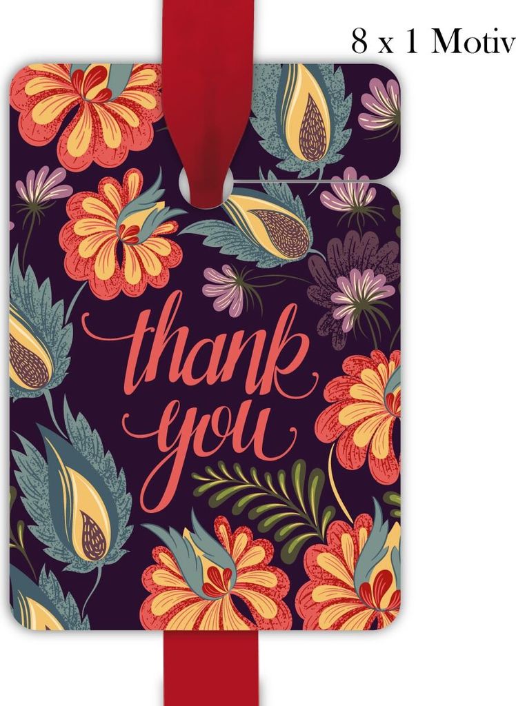 8 edle Dankes Geschenkanhänger Tags mit üppigen Vintage Blüten: thank you
