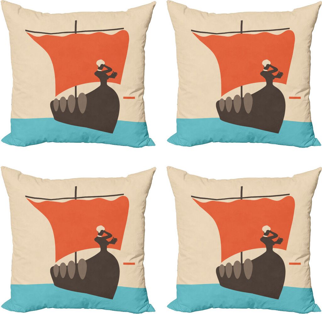 ABAKUHAUS Odyssee Kissenbezug Set (4 Stück), Segelboot mit Frau, Moderner Doppelseitiger Digitaldruck, 40 cm x 40 cm, Mehrfarbig