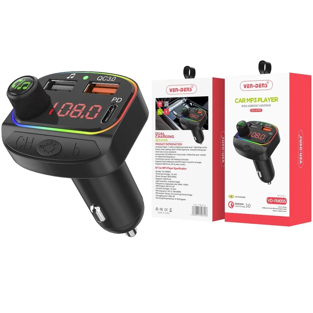 Caricabatterie Auto con Lettore FM, 2 Porte USB e Ricarica PD 18W - Nero KP34844