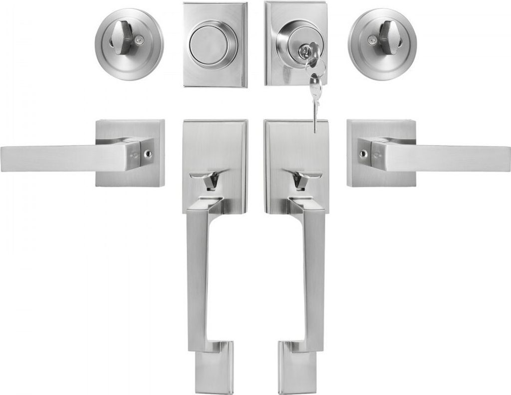 Doppeltürgriff-Set, Doppeltürschloss-Set, Satiniertes Nickel, Quadratischer Türhebel - Premium Türzubehör-Set - Griff- und Schlosskombination ...