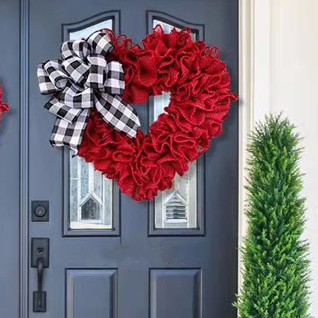 Herzkranz zum Valentinstag, schwarz-weiß, mit Schleife, wiederverwendbar, für drinnen und draußen, für Fenster, Haustür, Wandbehang, herzförm...