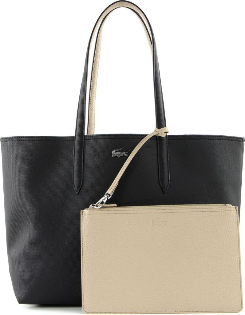 A black tote bag with a beige inner pouch and handles, displayed against a white background.