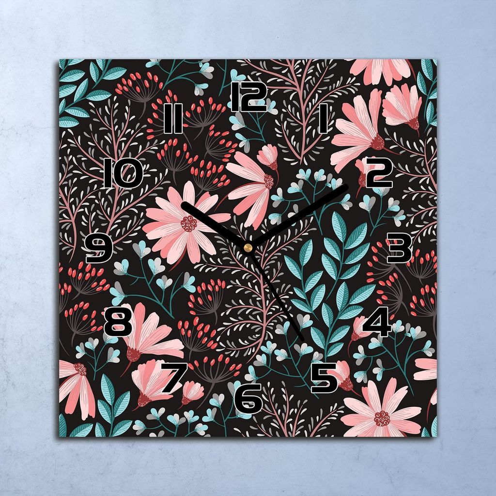 Wanduhr Echt-Glas-Küchenuhr Böhmische Blumen Quarz Lautlos 30x30 Deko Bilder