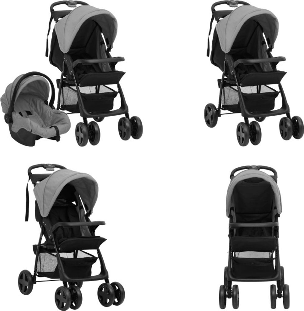 vidaXL 3 in 1 Kinderwagen Hellgrau und Schwarz Stahl - Kinderwagen - Kombi-Kinderwagen - Buggy - Buggys