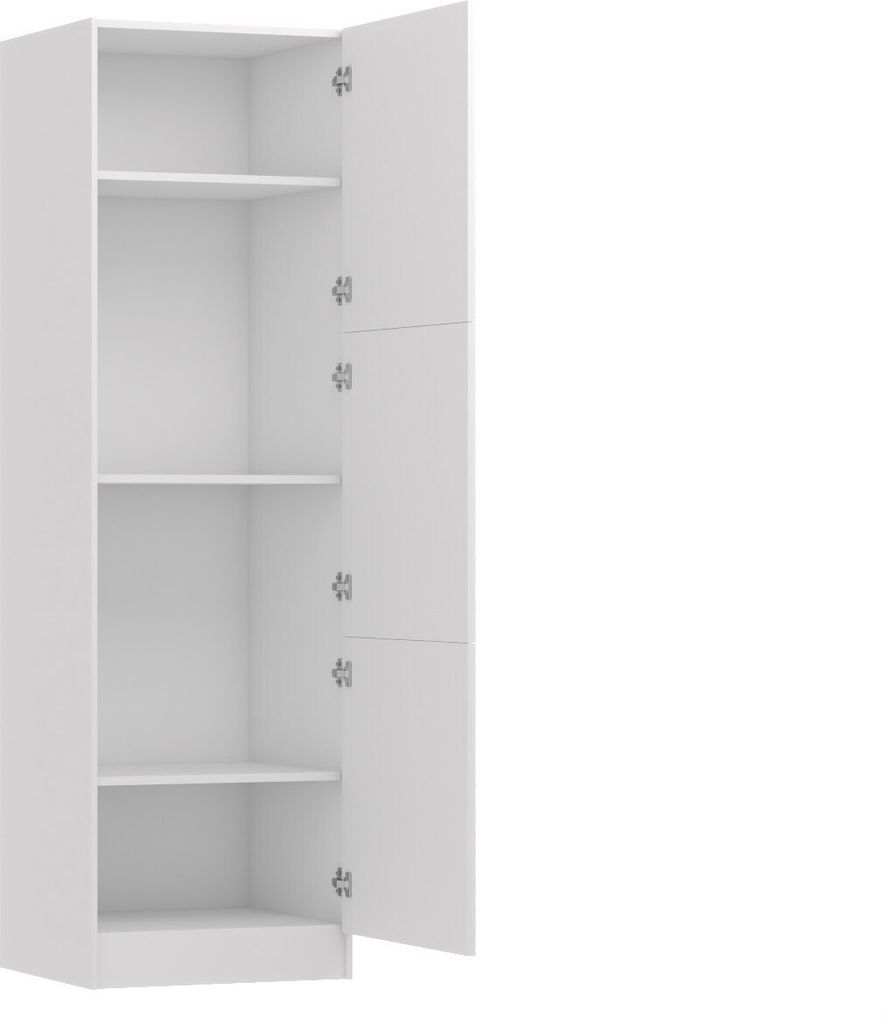 A white kitchen cabinet with its doors open, showing multiple shelves.