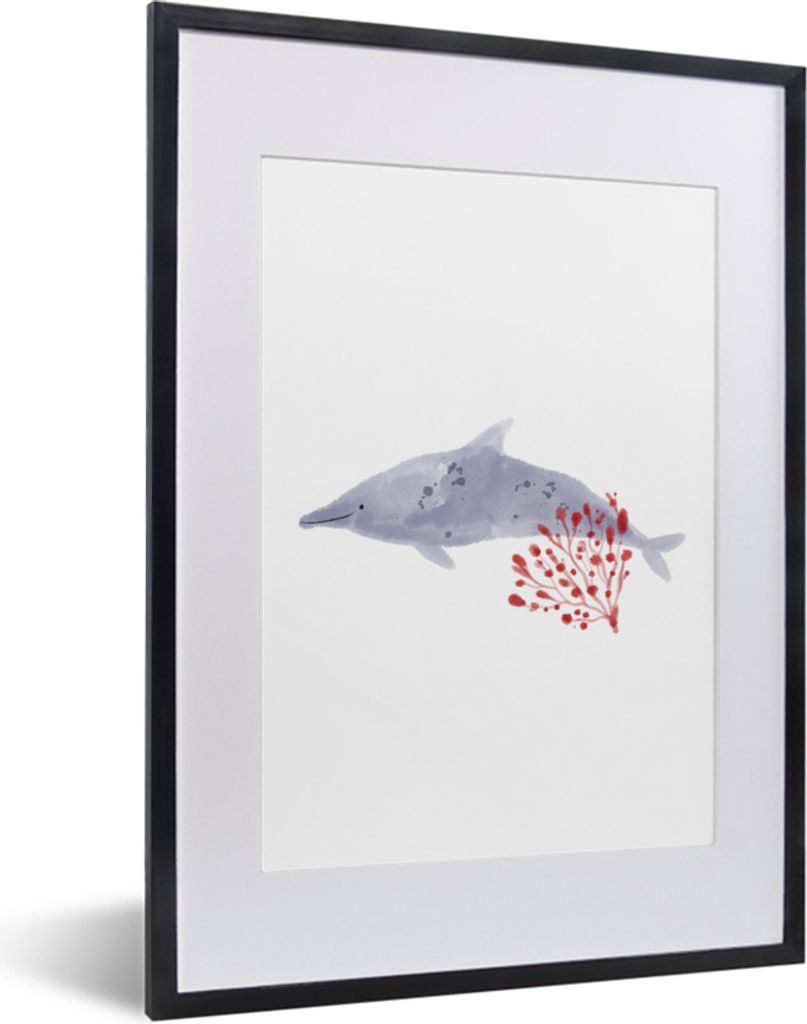 MuchoWow MuchoWow Gerahmtes Poster Fische - Pflanzen - Rot - Aquarell 30x40 cm - Poster mit zchwarzem Bilderrahmen - Wandposter Schlafzimmer