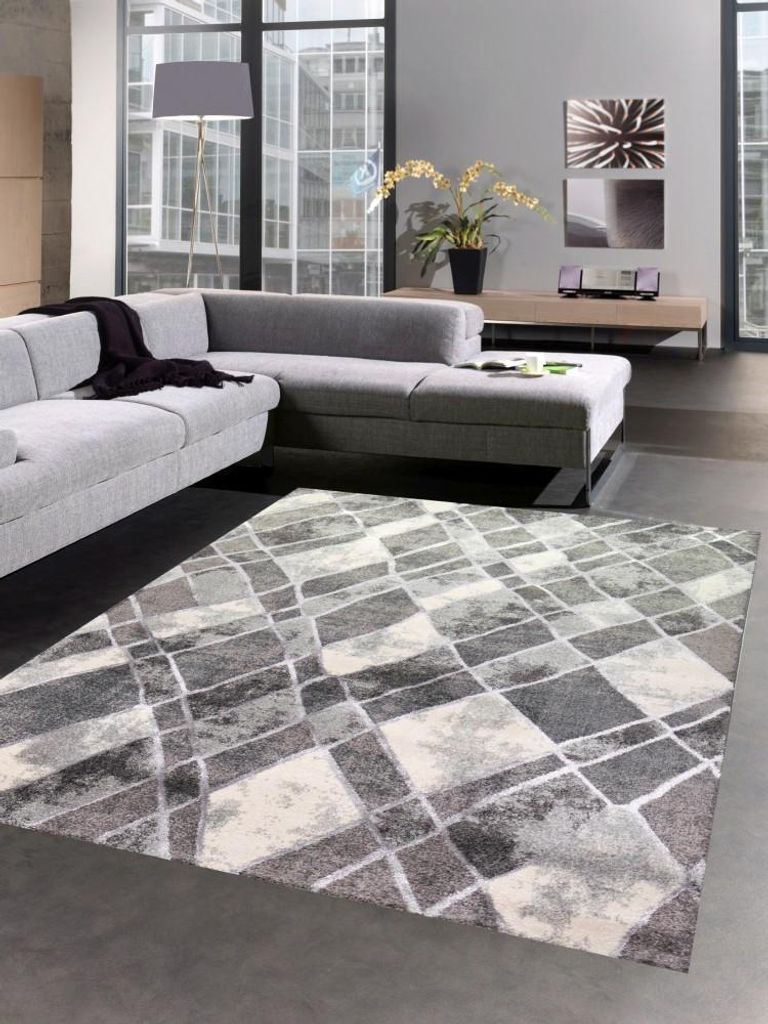 Teppich Wohnzimmer Wohnzimmerteppich Rauten grau creme Größe - 80x150 cm