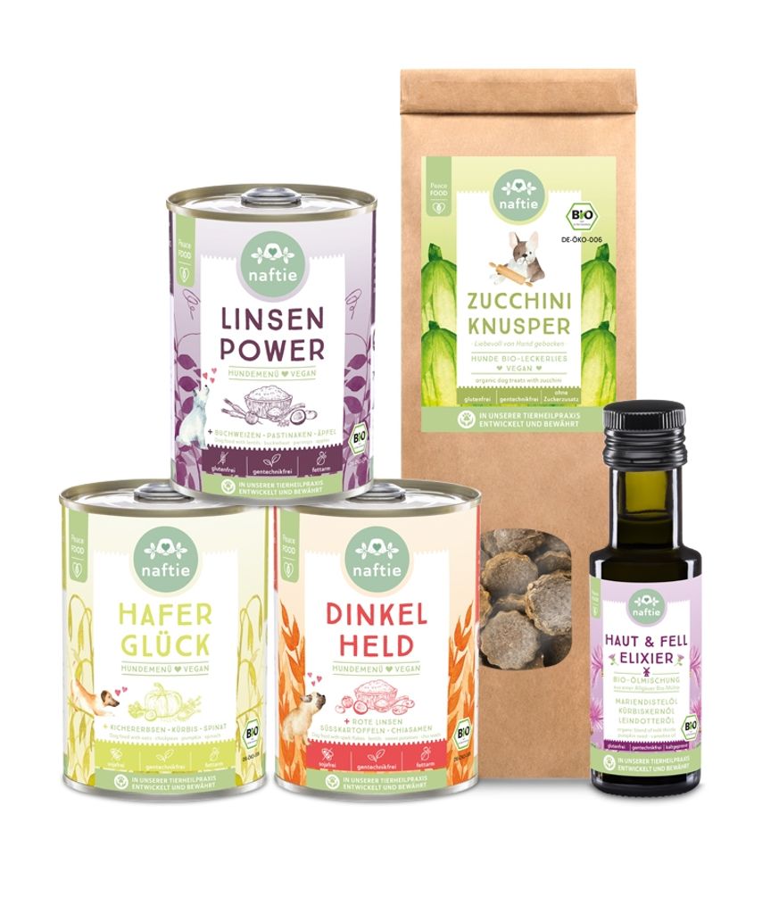 naftie vegane Schnupperbox für Hunde | Veganes Hundefutter | adult & senior | nass & trocken | purinarm | Diät | Test Paket