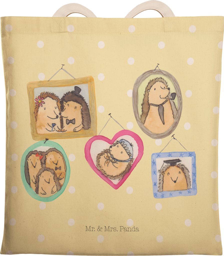 Mr. & Mrs. Panda Tote Bag Igel Familie - Gelb Pastell - Geschenk, Tasche, Stoffbeutel, Glück, Mama, Papa, Einkaufstasche, großer shopper, Beutelt...