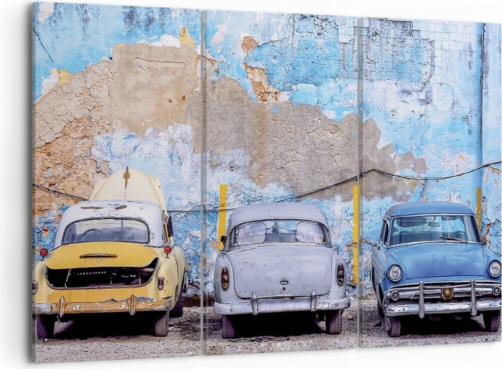 Bild auf Leinwand - Leinwandbild - 3 Teile - Havanna Oldtimer Autos - 105x70cm - Wand Bild - Wanddeko - Wandbilder - Leinwanddruck - Bilder - Wandd...