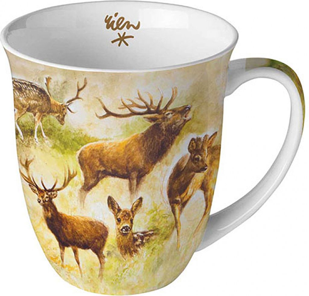 Tasse 10cm Porzellan mit Hirsch & Reh Waldtiere Motiv Braun Produktbild 