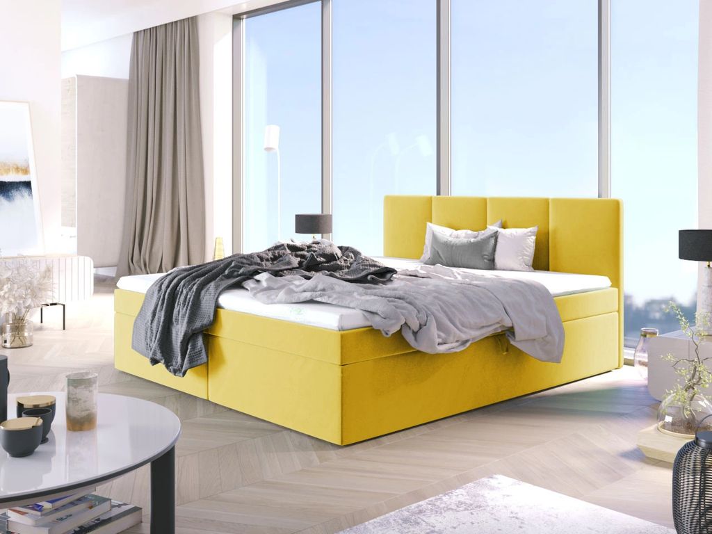 Bett, Boxspringbett STAR mit Bonell-Matratze, T25 Topper, Bett mit 2 Bettkästen, Doppelbett, Stauraum, 180x200 cm (Gelb - Kronos 11)