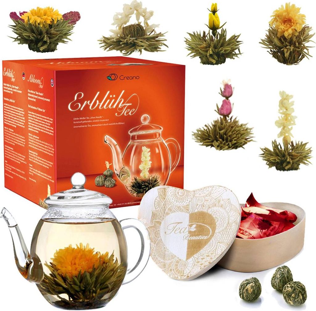 6er Set ErblühTee Weißtee in Herz-Holzbox + 500ml Teekanne Produktbild 