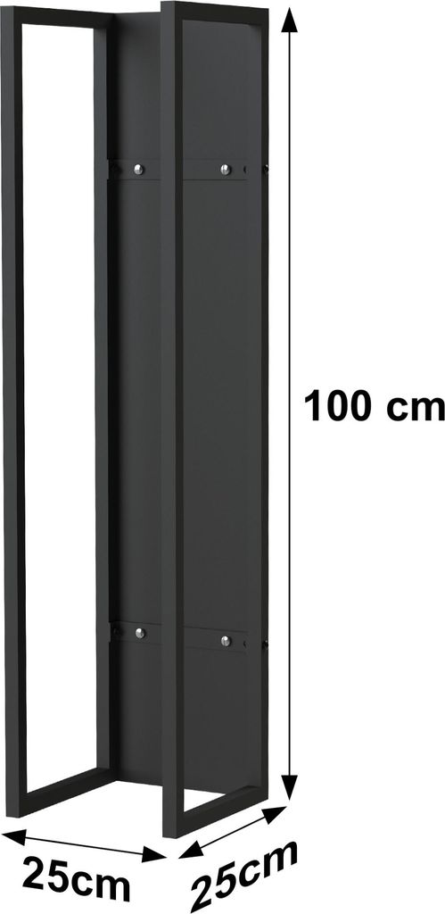 A black metal firewood rack with dimensions indicated by text.