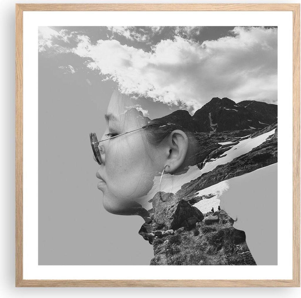Gerahmtes Poster - Rahmen in heller Eiche - Frau modern schwarz und weiß - 60x60 cm - Wand Bild - Wanddeko - Wandbilder - Kunstposter - Wandposter...