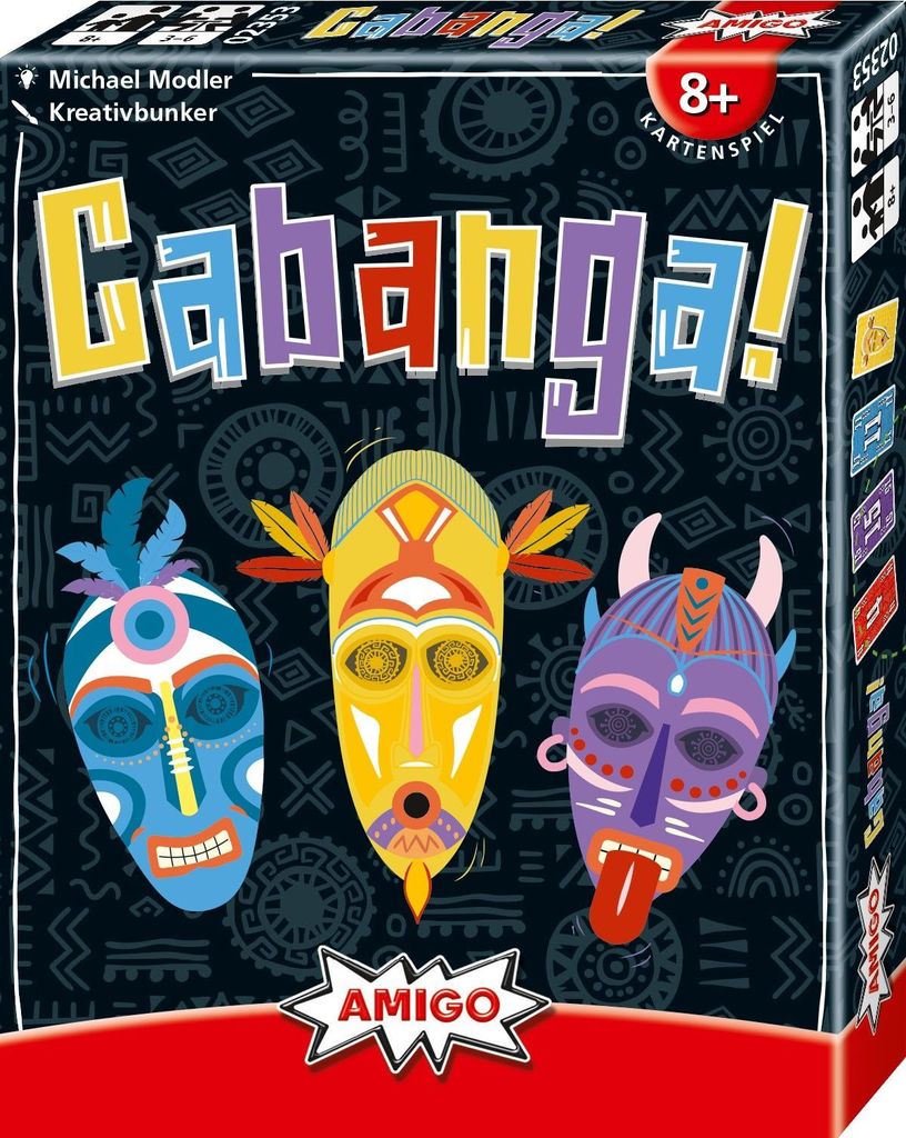 The image shows the front of a board game box with colorful masks and the game title prominently displayed.