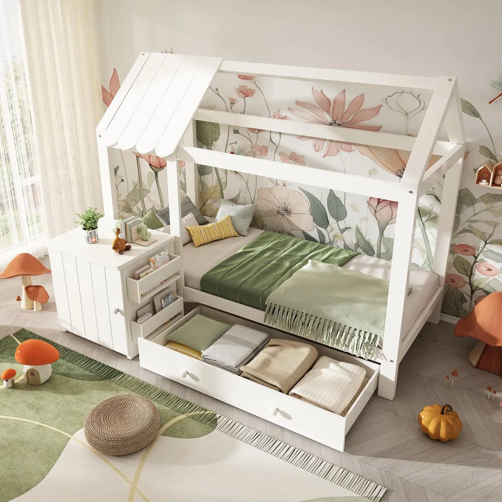 Lit Cabane 90x200 en Bois Massif avec Tiroirs de Stockage et Table Amovible