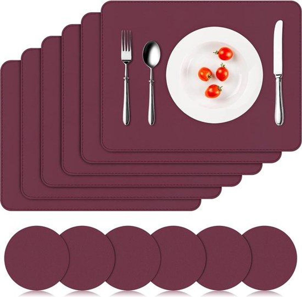 Wasserfeste Placemats, 6er Set, PVC, rutschfest, hitzebeständig, 41x31cm, Bordeauxrot