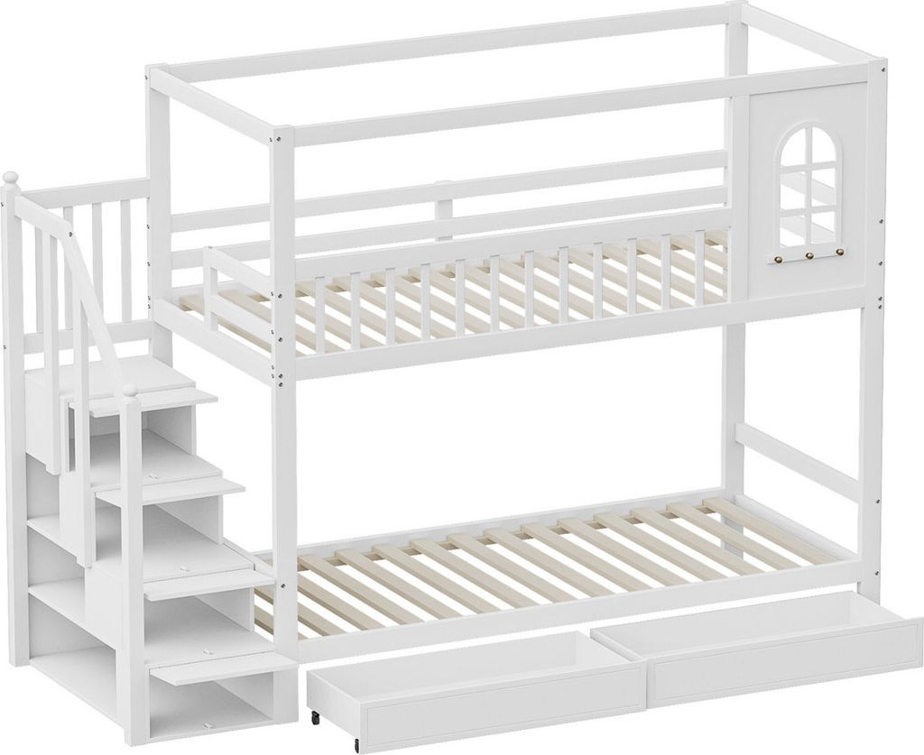 Etagenbett Kinderbett(Weiß)Massivholz Doppelbett,Hausform mit Fenstern, Sicherheitszaun-Design, Mit Aufbewahrungsschubladen und Sicherheitsleiter