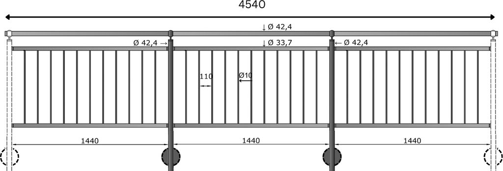 TIBU Geländer Edelstahl Balkongeländer Treppengeländer 0,8-6m senkrechte Streben seitliche Montage, Länge 4540 mm mit Seitenabstand 30 mm