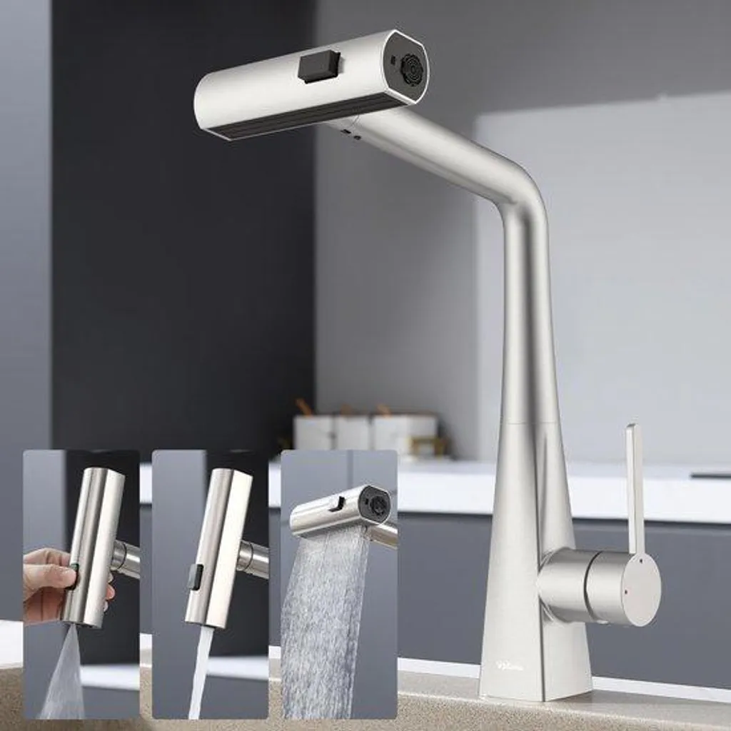 Robinet de cuisine en acier inoxydable brossé avec jet trois modes