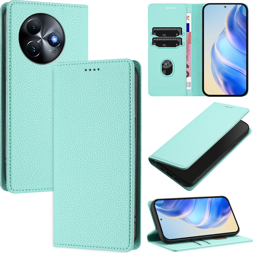 Litchi Leder Handyhülle für itel S24 Wallet Kartenfächer Standfunktion Hülle Türkis