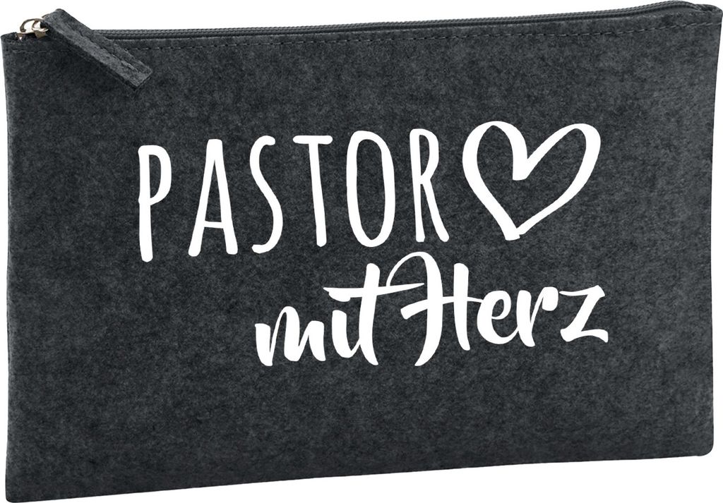 Huuraa Kulturbeutel Pastor mit Herz 1 Liter Charcoal Filz Kosmetiktasche Geschenkidee