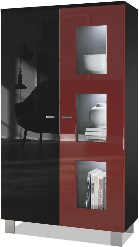 Vladon Vitrine Denjo, Germany, Standvitrine mit 2 Türen und 3 Glaseinsätzen, Schwarz matt/ Schwarz Hochglanz/ Bordeaux Hochglanz, inkl. LED-Bele...