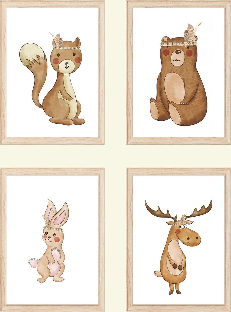 Indianer Waldtiere 4er Set Kinderzimmer Bilder DIN A4 Poster Babyzimmer Wandbilder Dekoration - Eichhörnchen Bär Hase Elch