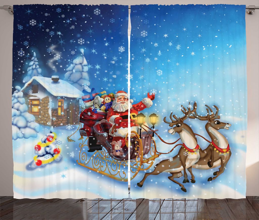 ABAKUHAUS Weihnachten Rustikaler Vorhang, Santa in Schlitten Spielzeug, Wohnzimmer Universalband Gardinen mit Schlaufen und Haken, 280 x 225 cm, Ma...