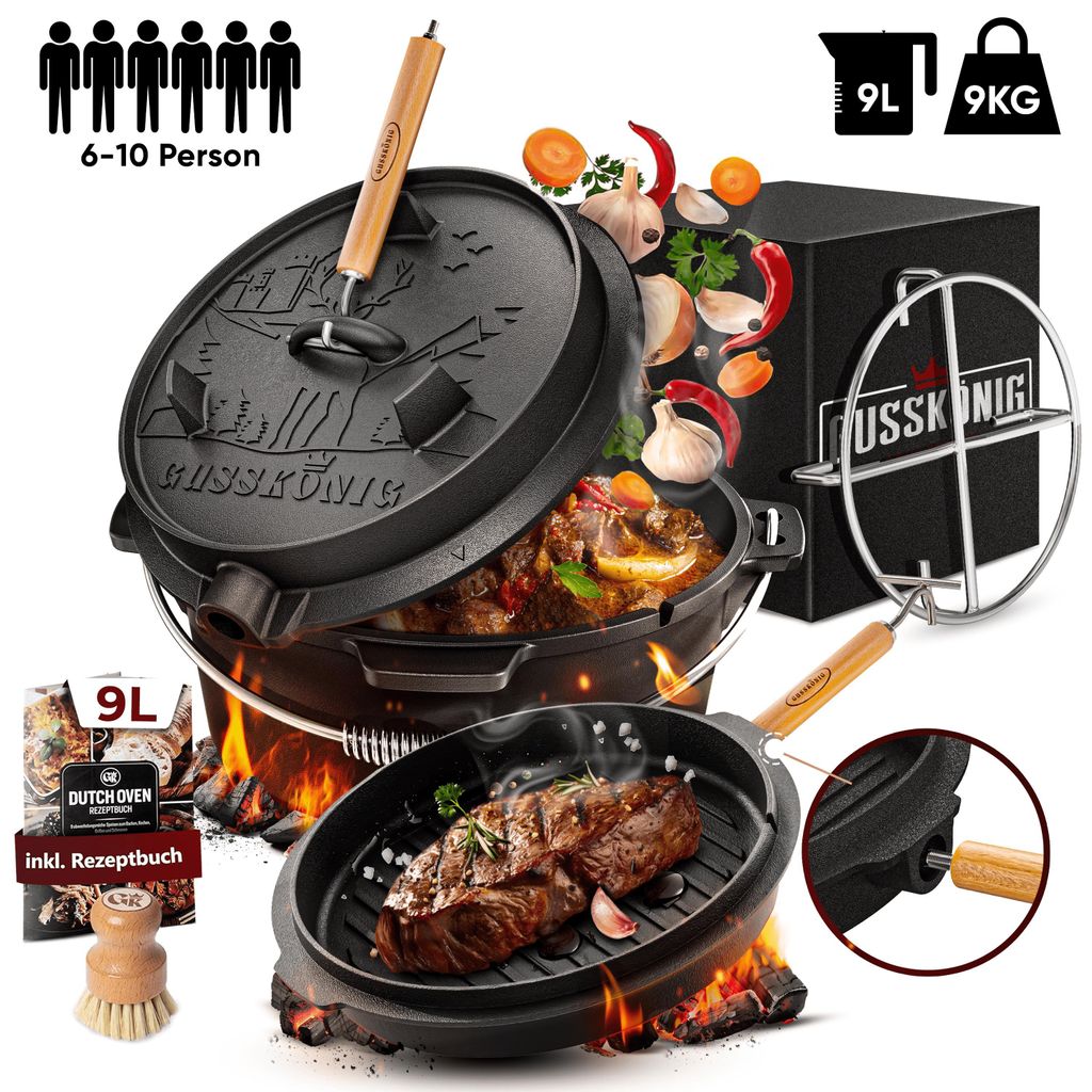GUSSKÖNIG Dutch Oven Set [9L] ohne Füßen - Eingebrannter Feuertopf mit innovativem 2in1 Deckelheber, Bürste und Rezeptbuch [für 4-7 Personen]