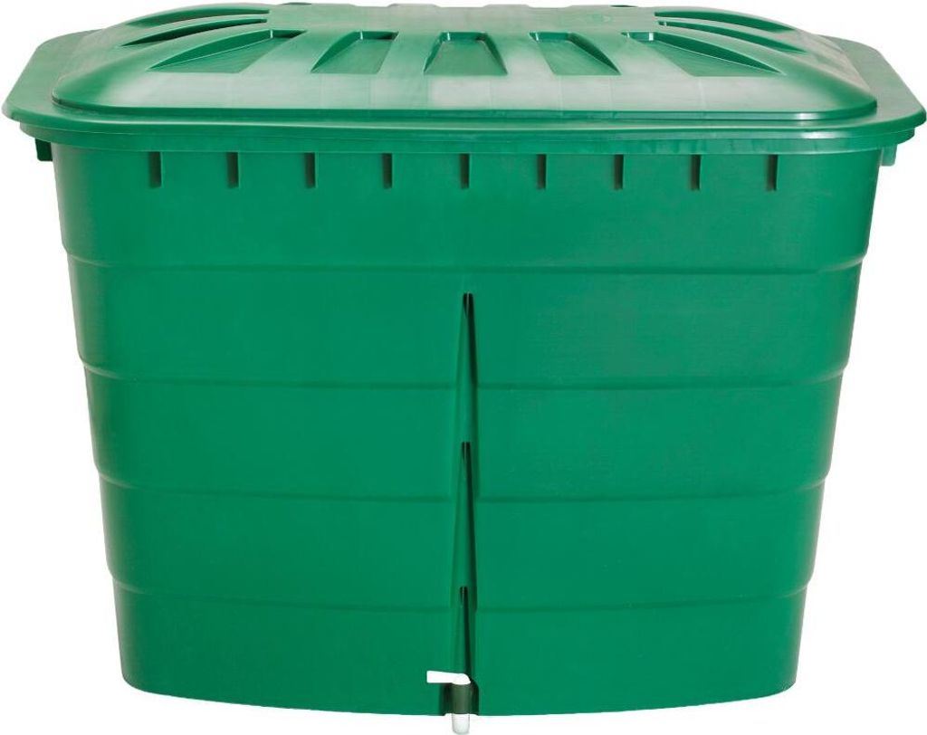 A green plastic water butt with a lid and a tap at the bottom.