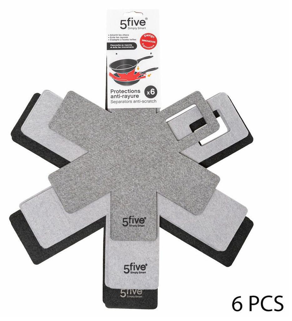 A set of six grey and black felt pot protectors arranged in a star shape, with a product packaging card above them.
