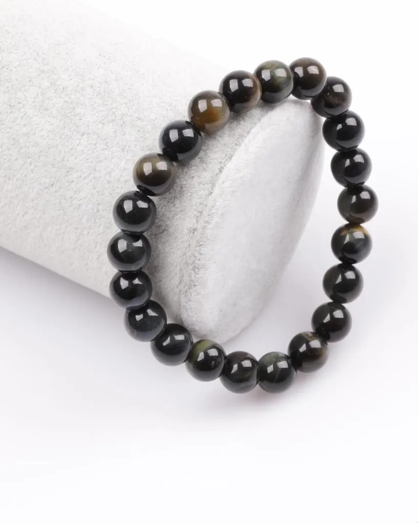 Bracelet œil de tigre noir, bijou élastique en pierre naturelle