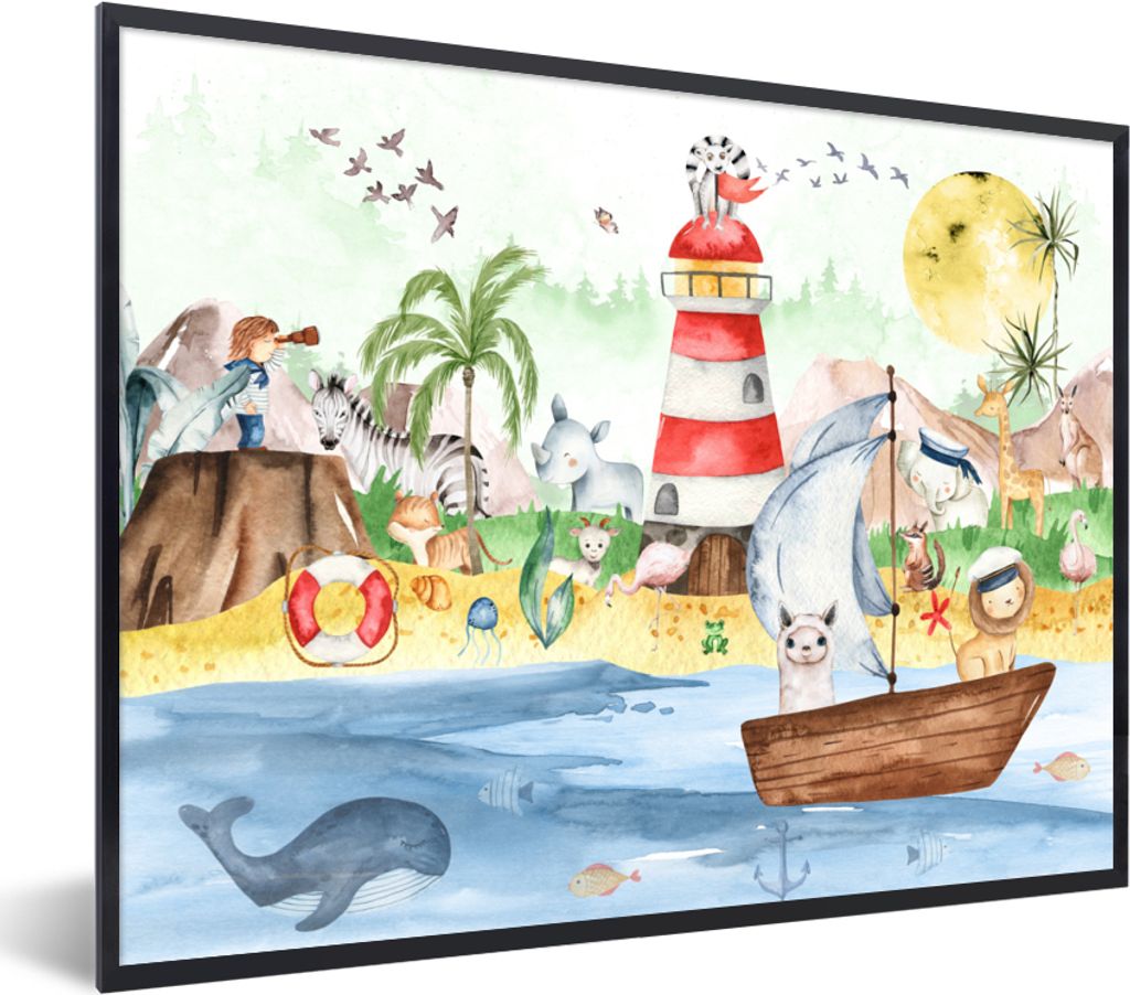 MuchoWow Gerahmtes Poster Strand - Tiere - Kinder - Leuchtturm - Jungen 40x30 cm - Poster mit Schwarzem Bilderrahmen Wandposter Rahmen Foto Bilde...